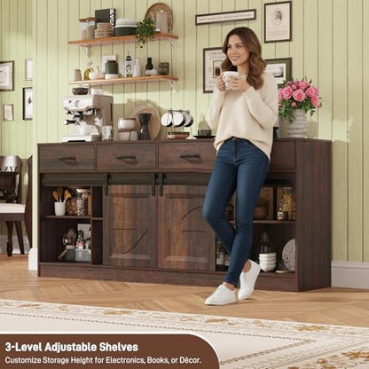 70" Large Farmhouse TV Stand for 85/80/75/70 Inch TVs w/4 Drawers,Rustic Tall Media Console w/Sliding Barn Door, Adjustable Shelves,Tall Entertainment Center for Living Room,Brown