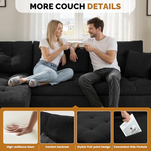 80" Boneless Loveseat Sofa, Cloud Couch with Layered Cushion, Small Couch Compressed Foam Sofa for Living Room, Apartment, Office, Black Corduroy