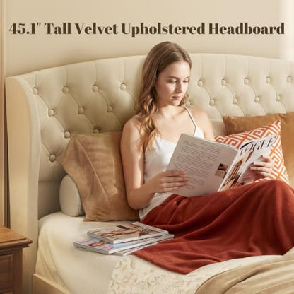 Queen Velvet Sleigh Bed Light Beige, view 5