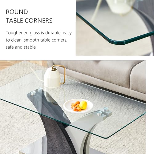 Rectangular Glass Coffee Table for Living Room, 39" Modern Clear Center Table, Tempered Glass Living Room Table with Wood Grain Textures Base