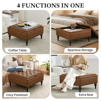 Storage Ottoman Coffee Table, Large Ottoman with Storage Oversized Square Footstool with Anti-Slip Embedded Lid, Tufted Upholstered Ottomans for Living Room, Brown Faux Leather