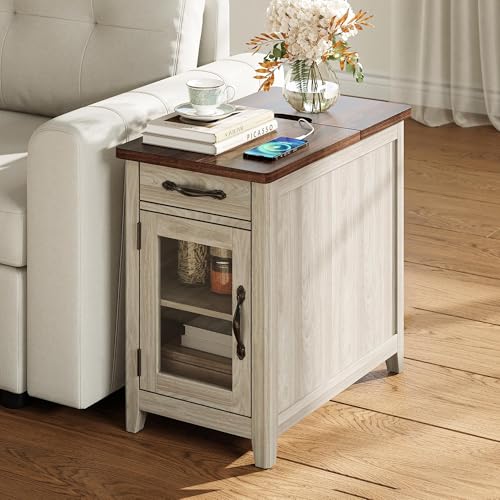 End Table with Charging Station, Modern Farmhouse Wooden Side Table with Drawer, Detachable Holder, Extra Storage & Display Space, for Living Room and Bedroom, Glass Door, Washed Grey