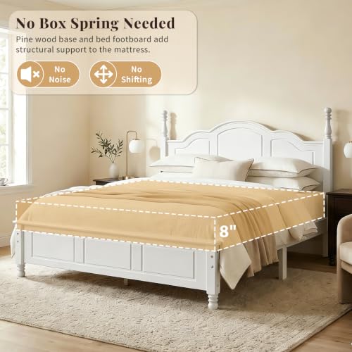 Vintage Queen Wood Bed Frame with Retro Style Headboard, White, view 5