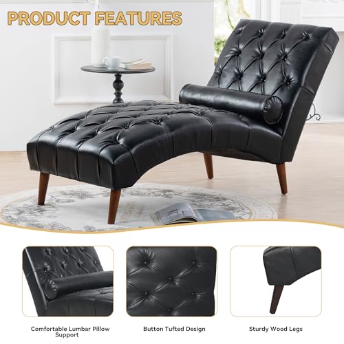 PU Leather Chaise Lounge Chair Indoor, Armless, Black, view 6