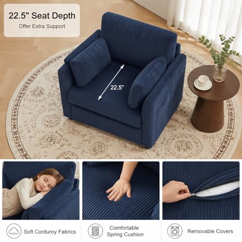 Modern Corduroy Accent Chairs, 38" W Reading Armchair with Comfy Pillows and Side Pockets, Single Reading Chairs for Living Room, Bedroom, Apartment, Navy Blue