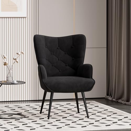 Mid Century Modern Accent Chair, Velvet Upholstered Armchair with Metal Legs, Tufted Button Wingback Side Chair, High Back Reading Chair for Living Room Bedroom, Black