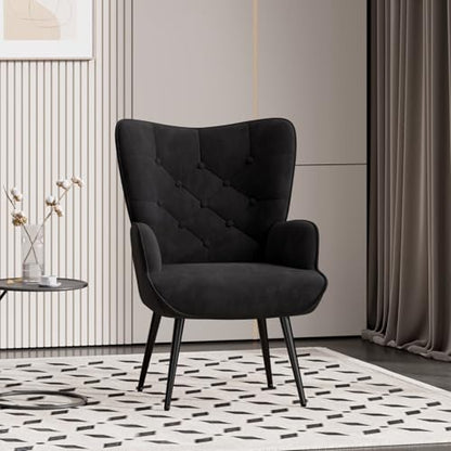 Mid Century Modern Accent Chair, Velvet Upholstered Armchair with Metal Legs, Tufted Button Wingback Side Chair, High Back Reading Chair for Living Room Bedroom, Black