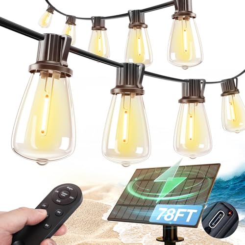 78FT(72+6) Solar String Lights Outdoor, Waterproof Solar Powered Outside Lights with Remote & USB Port, ST38 LED Shatterproof Bulbs, Dimmable Solar Light for Camping Backyard Porch