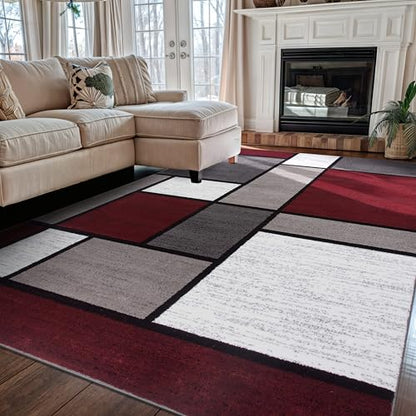 Modern Geometric Boxes Red Area Rug, Non-Shedding Carpet for Living Room, Bedroom, or Dining Room, 5'3" x 7'3"
