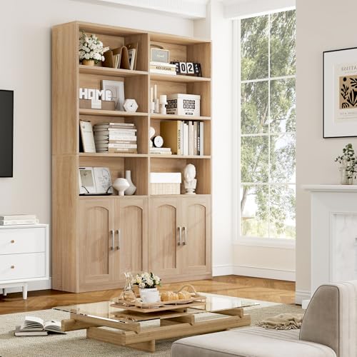 Bookshelf and Bookcase with Doors, 6 Tier Double Wide Large Bookshelves, Open Display Shelves, 73'' Tall Bookshelf with Storage Cabinets for Home Office, Living Room, Library, Oak
