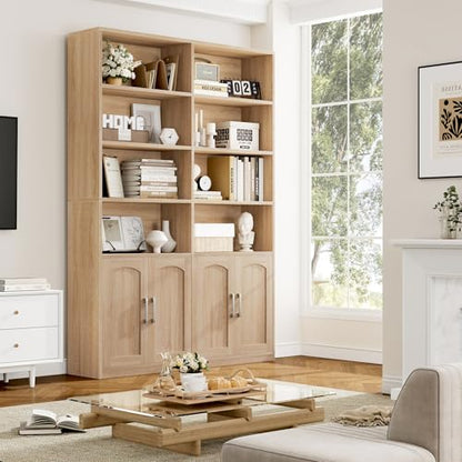 Bookshelf and Bookcase with Doors, 6 Tier Double Wide Large Bookshelves, Open Display Shelves, 73'' Tall Bookshelf with Storage Cabinets for Home Office, Living Room, Library, Oak