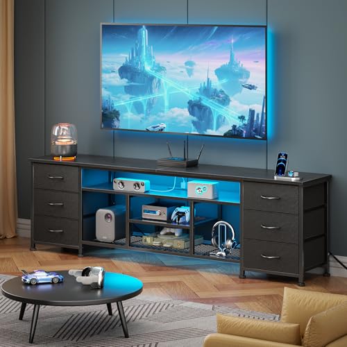 LED TV Stand for 65, 70 Inch TV, 63 Inch Entertainment Center with Power Outlets, 6 Fabric Drawers Dresser for Bedroom, Media Console with Open Shelves, PU Leather Surface, Black