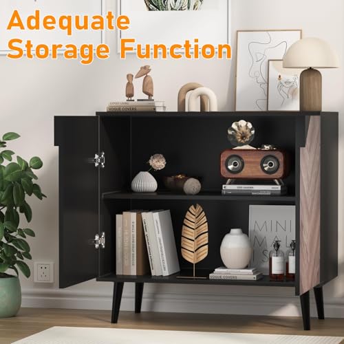 Wood Finish Storage Free Standing Accent Cabinet, Buffet Cabinet with Doors, Sideboard Table with Storage for Dining Room, Entryway, Black+Grey, 15.8" D x 31.5" W x 29.3" H