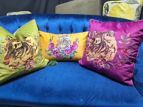 Tiger Velvet Throw Pillow Cover Decorative Flower Embroidered Accent Cushion Case Print Pillowcase for Bed Living Room Couch Bedroom 18x18 Inch Green Tassel