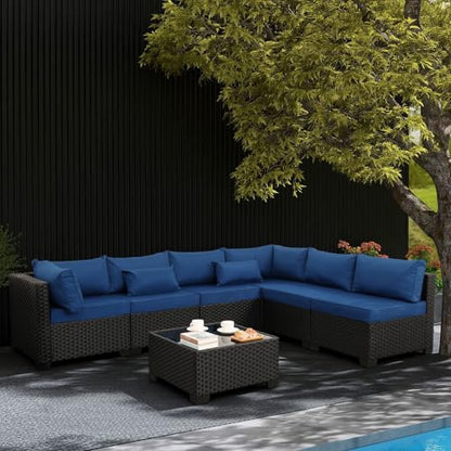 7 Pieces Outdoor PE Wicker Furniture Set Patio Rattan Sectional Conversation Sofa Set with Navy Blue Cushions and Glass Top Table