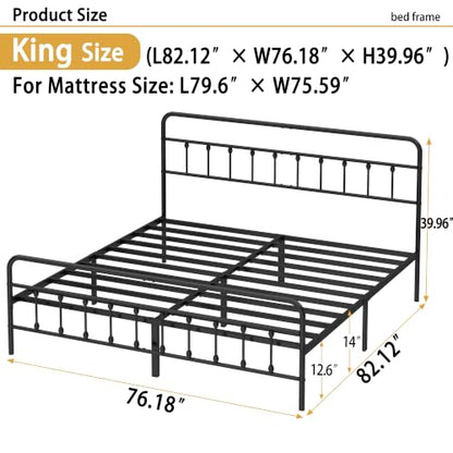 King Metal Bed Frame with Victorian Headboard & Footboard, Black, view 3
