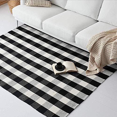 Cotton Rug Hand-Woven Checkered Carpet Braided Kitchen Mat Black and White Floor Rugs Living Room Area Rug, 70.8''×47.3''
