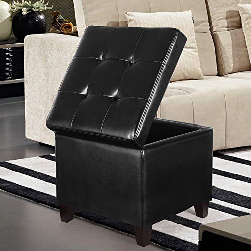 Storage Ottoman Foot Rest Stool, Leather Ottoman Footstool with Wood Legs and Hinged Lid, 18" Small Foot Stool Bench for Living Room, Bedroom, Black