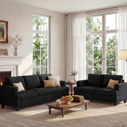 Loveseat & 3 Seater Sofa Sets, 89" Couch Sofa Set for Living Room Furniture, 2 Piece Modern Sleeper Sofa with Deep Seat Cloud Couch for Apartment Lounge, Black Corduroy