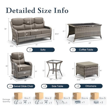 Luxury 6" Thick Cushioned 10 Pieces Patio Furniture Set with Outdoor Couch, Wicker Outdoor Conversation Set with High Back Swivel Rocker Chairs for Deck Porch Yard and Poolside - Grey+Grey