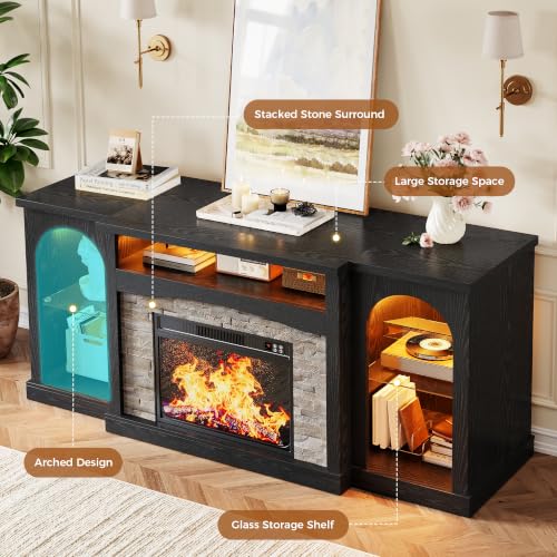 70'' Black Electric Fireplace TV Stand Entertainment Center with Fireplace for, view 7