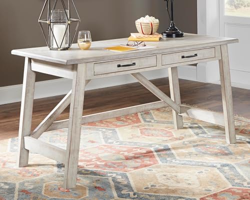 Signature Design by Ashley Carynhurst Farmhouse Large Leg Home Office Desk, 2 Storage Drawers, Vintage Bronze Hardware, Wood, 60.25" Wide, Antique White