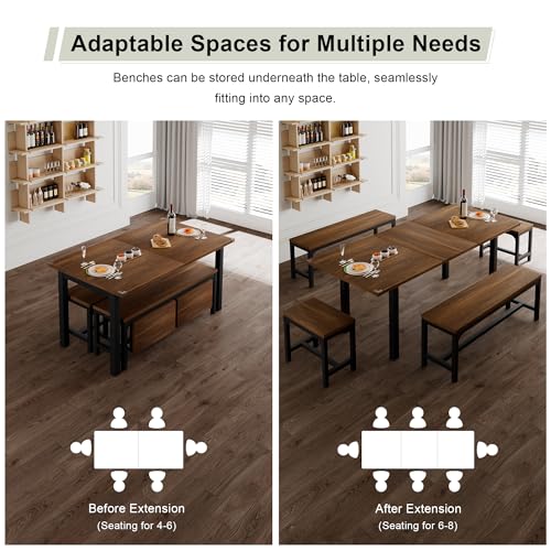5-Piece Dining Table Set for 4-8 People, 63" Extendable Kitchen Table with 2 Benches and 2 Square Stools, Mid-Century Modern Wooden Dining Room Table, Space-Saving, Walnut