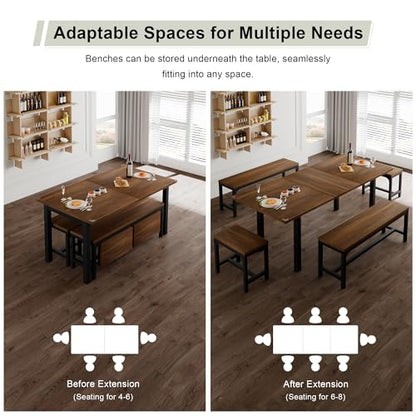 5-Piece Dining Table Set for 4-8 People, 63" Extendable Kitchen Table with 2 Benches and 2 Square Stools, Mid-Century Modern Wooden Dining Room Table, Space-Saving, Walnut