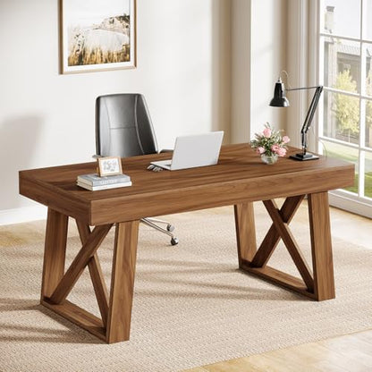 Tribesigns 55-inch Computer Desk with Drawer, Retro Walnut Big Home Office Desk, Modern Executive Desk Writing Desk Workstation Table for Home
