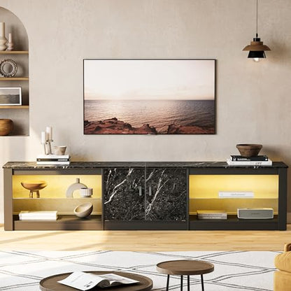 80 Inch TV Stand for 75/85/86 inch TVs, LED Gaming Entertainment Center for PS5 with Storage Cabinet &Adjustable Glass Shelves, Large TV Console Table for Living Room Bedroom, Black Marble