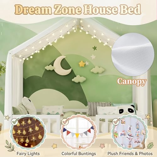 Twin Montessori House Bed with High Rails, Low Floor Bed Twin with Roof & Canopy, view 4