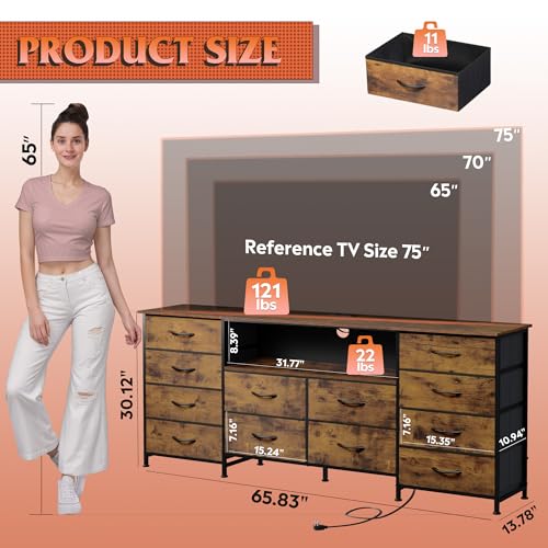 Dresser TV Stand for 75 Inch TV, 12 Drawer LED Dresser, Rustic Brown, view 3