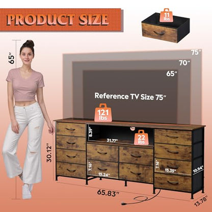 Dresser TV Stand for 75 Inch TV, 12 Drawer LED Dresser, Rustic Brown, view 3