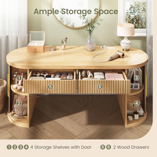 Office Desk with 2 Drawers, 58.3" x 21.7" Fluted Computer Desk with 2 Sliding Doors Storage and Power Strip, Wood Executive Desk for Home Office, Light Oak