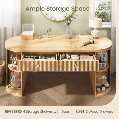 Office Desk with 2 Drawers, 58.3" x 21.7" Fluted Computer Desk with 2 Sliding Doors Storage and Power Strip, Wood Executive Desk for Home Office, Light Oak
