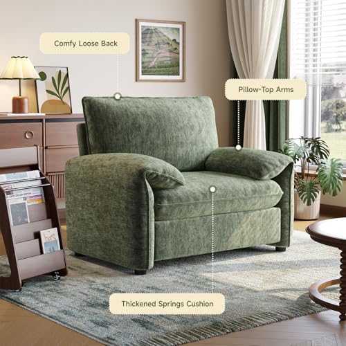 Oversized Accent Chair, 41 Inch Chenille Fabric Armchair, Comfy Single Sofa Chair with Padded Arms, Pocket Spring Cushion, Modern Reading Chair for Living Room, Bedroom, Green