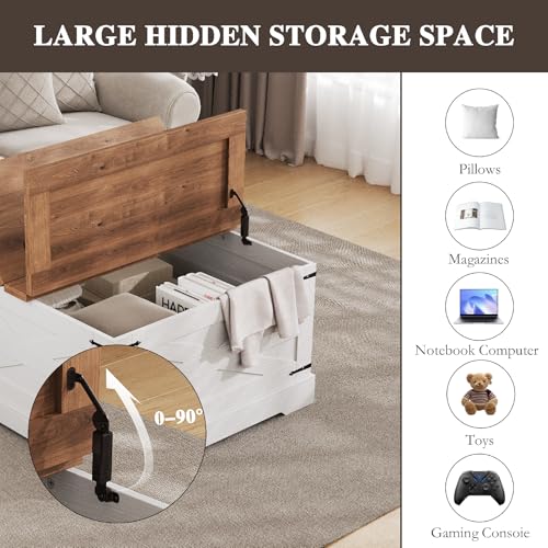 BestHaped Farmhouse Coffee Table with Hidden Storage, White Square Coffee Table for Living Room, Wood Large Center Table with Hinged Lift Top for Home, Office
