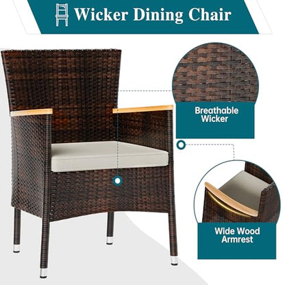 5 PCS Patio Dining Set, Wicker Outdoor Table and Chairs with Soft Cushions, Patio Furniture Set with Wood Table Top for Backyard, Deck and Garden, Brown Rattan