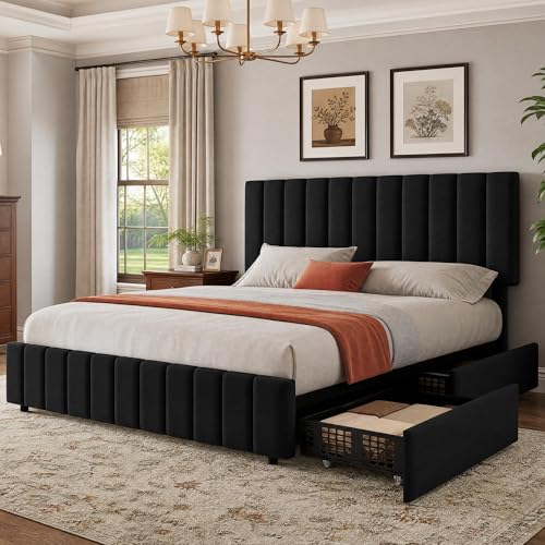 King Size Bed Frame, Linen Bed Frame with 4 Storage Drawers, Black, view 2