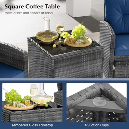 5 Pieces Patio Conversation Set, PE Wicker Rattan Outdoor Furniture Set with 2 Chairs, 2 Ottomans & Tempered Glass Coffee Table, Ideal for Poolside, Backyard, Lawn, Deck, Mix Grey & Navy