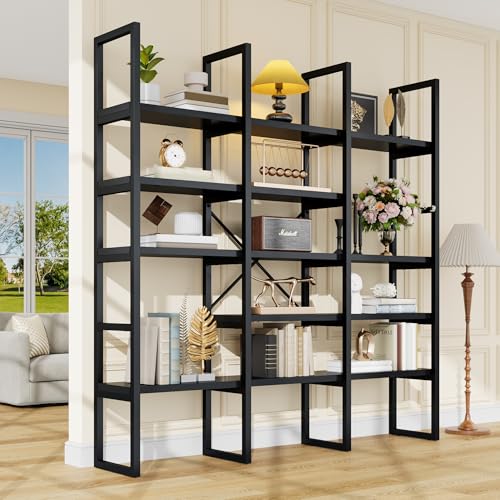 Large Bookshelf 5 Tiers, Triple Wide Geometric Bookcase, 71 Inches Tall Industrial Book Shelves Etagere Book Case, Sturdy Metal Frame, Freestanding Display Shelving Unit (Black)