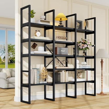 Large Bookshelf 5 Tiers, Triple Wide Geometric Bookcase, 71 Inches Tall Industrial Book Shelves Etagere Book Case, Sturdy Metal Frame, Freestanding Display Shelving Unit (Black)