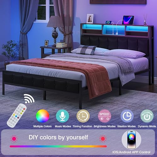 Metal bed frame with wooden accents, black, LED lighting and storage, view 7