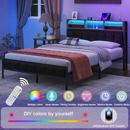 Metal bed frame with wooden accents, black, LED lighting and storage, view 7