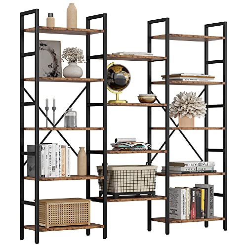 Bookcases and Bookshelves Triple Wide 5 Tiers Industrial Bookshelf, Large Etagere Bookshelf Open Display Shelves with Metal Frame for Living Room Bedroom Home Office