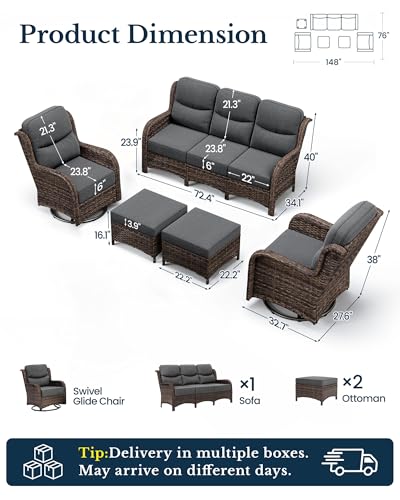 Luxury High Back Patio Furniture Set with 6-Inch Thick Cushion, 5-Piece Outdoor Conversation Set with Sofa, Swivel Rocker Chairs & Ottomans, Ideal for Porch Pool Deck Yard (Dark Grey)