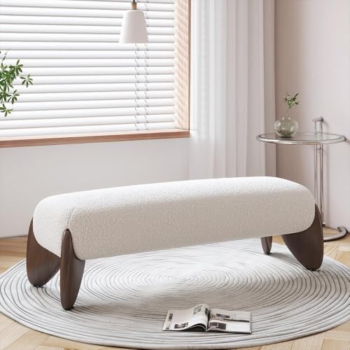 Modern Bedroom Furniture Set 2 Piece, White Boucle Queen Size Platform Bed Set & Bedroom Bench with Solid Rubber Wood Legs, Upholstered Headboard for Master Suite or Guest Room