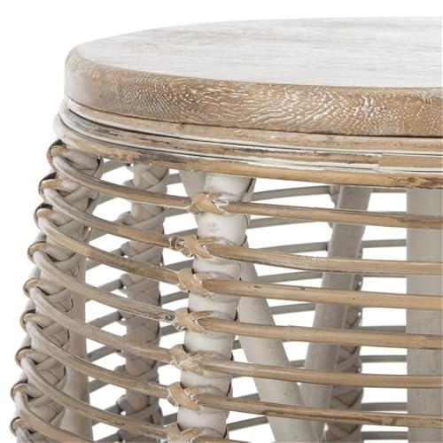 Furniture - Maui Rattan Drum Stool Table - Grey White-Wash - Rattan - Coastal Woven Design - Fully Assembled - Ideal for Living Room, Bedroom, Patio - Fully Assembled (STL6500A)