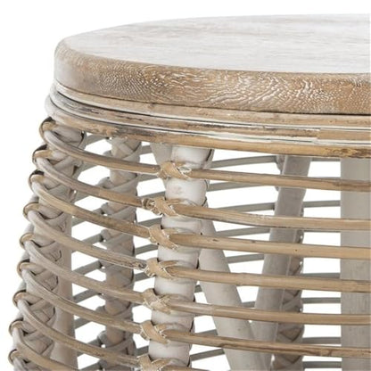 Furniture - Maui Rattan Drum Stool Table - Grey White-Wash - Rattan - Coastal Woven Design - Fully Assembled - Ideal for Living Room, Bedroom, Patio - Fully Assembled (STL6500A)