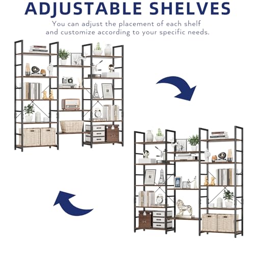Triple Wide 5 Tier Bookshelf, Rustic Industrial Style Bookcases with 14 Open Display Shelves, Modern Tall Bookcase Furniture for Bedroom, Living Room and Home Office, Vintage